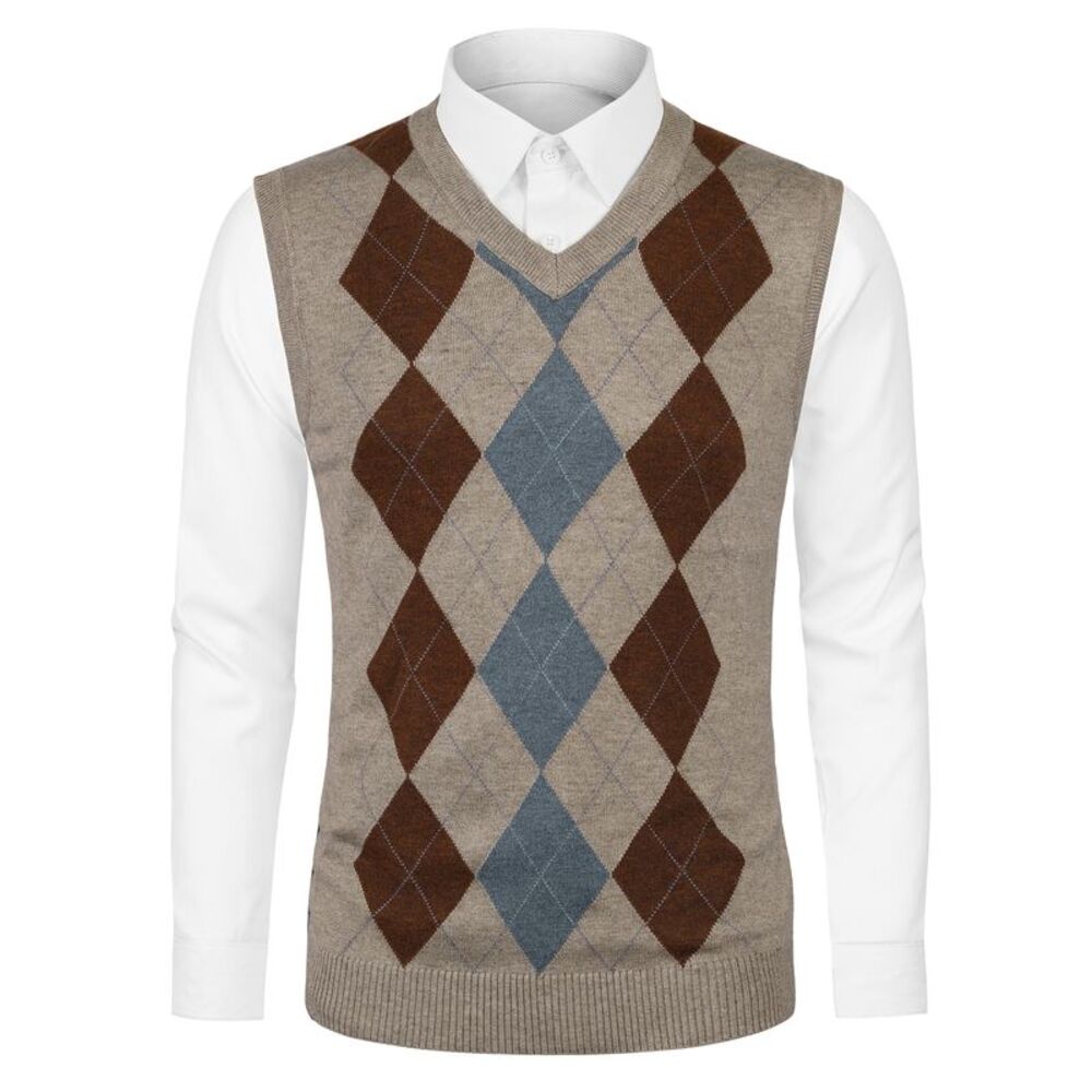 Casual Argyle Vest Sweater V Neck Slim Fit Sleeveless Knit Pullover Beige